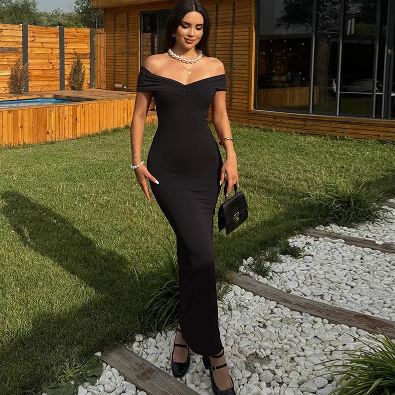 Sophisticated Off-Shoulder Backless Maxi Dress with Bodycon Fit