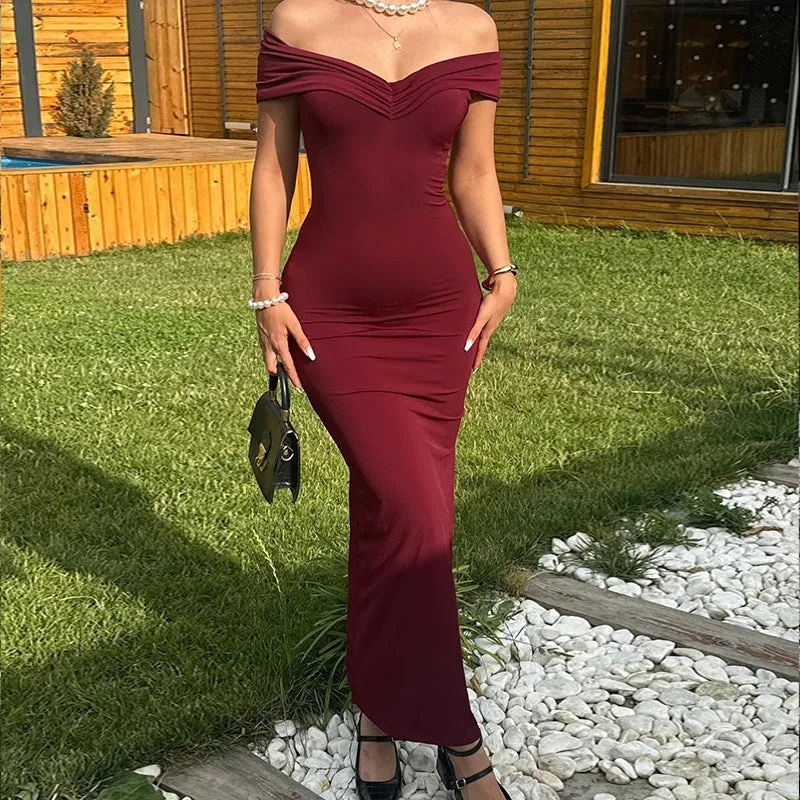 Sophisticated Off-Shoulder Backless Maxi Dress with Bodycon Fit