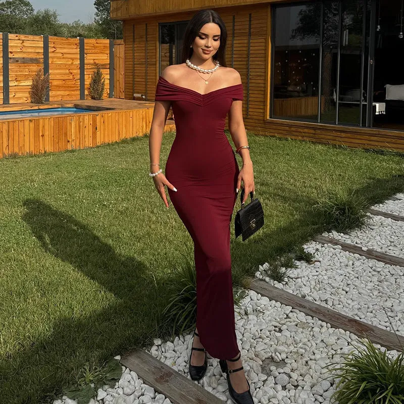 Sophisticated Off-Shoulder Backless Maxi Dress with Bodycon Fit