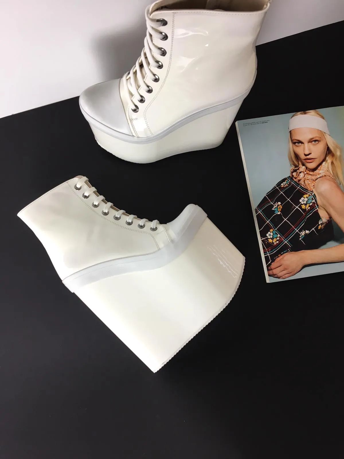 Stylish White Lace Up Ankle Wedge Booties