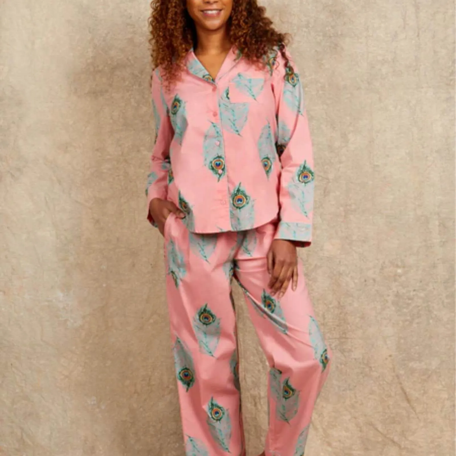 Their Nibs Cotton Long Leg Pyjamas - Warm Pink Peacock Feather