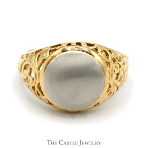 Two Tone Signet Ring with Open Filigree Designed Sides in 14k Yellow & White Gold