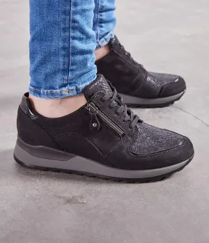 Waldläufer Black Nubuck Leather Lace/Zip Up Trainers
