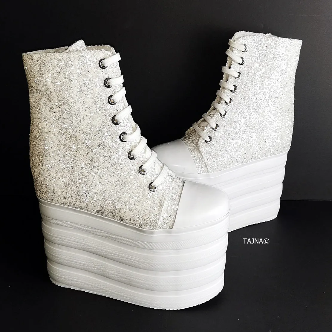 White Glitter Lace Up Sport Wedges