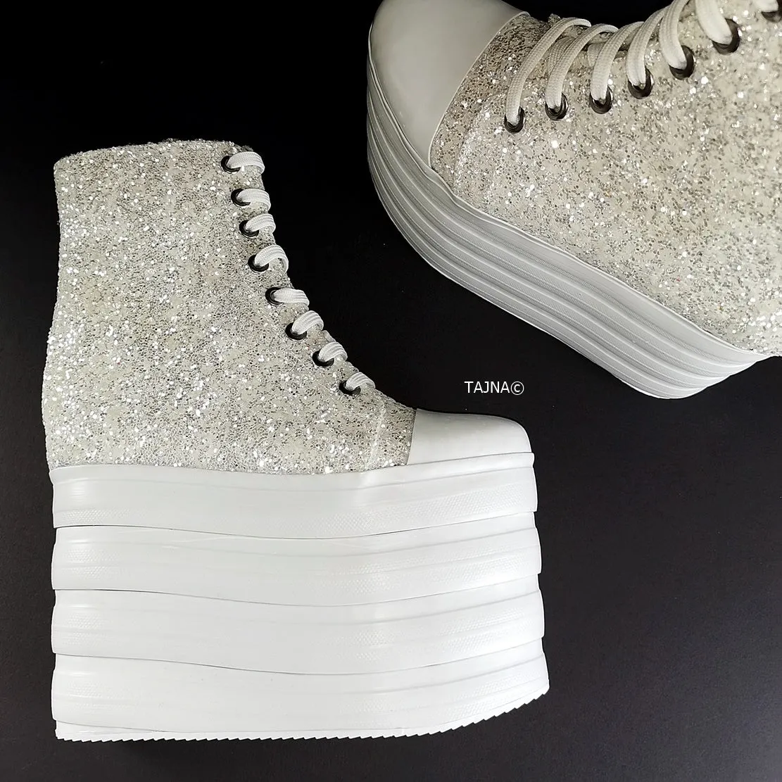 White Glitter Lace Up Sport Wedges