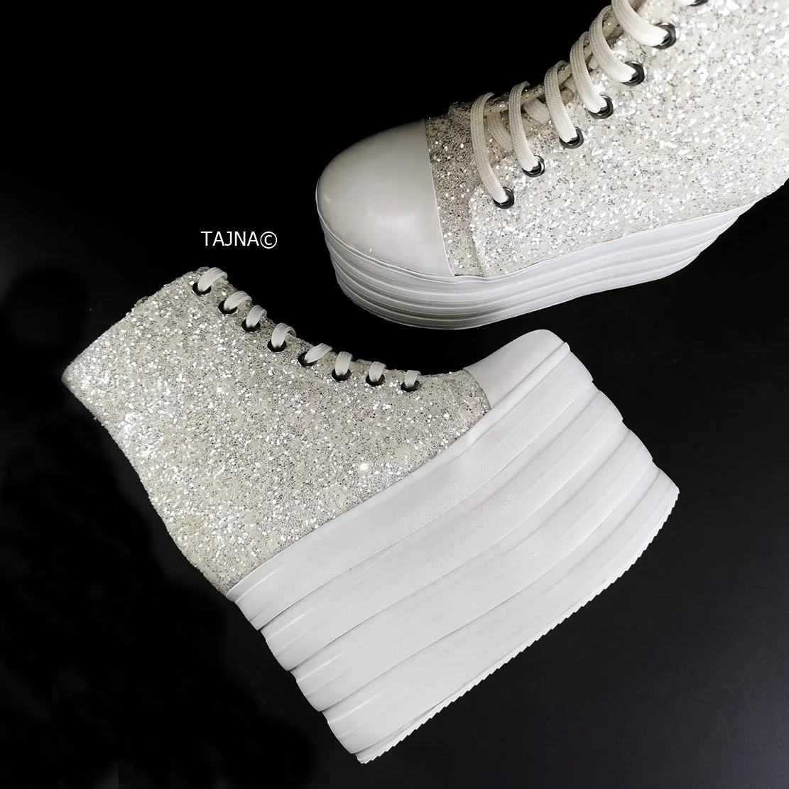 White Glitter Lace Up Sport Wedges