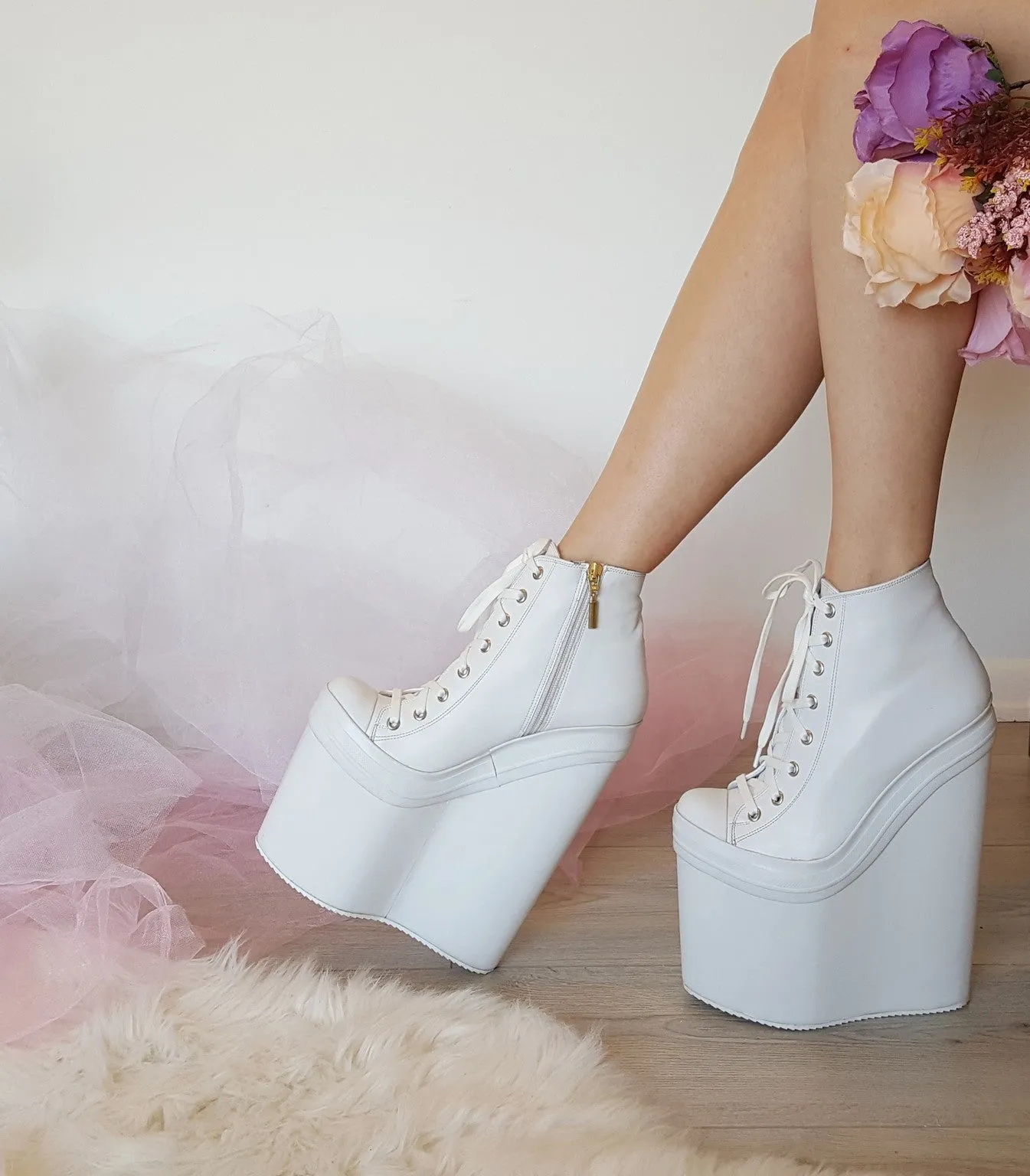 White Lace Up Sport High Heel Wedge Platform Booties