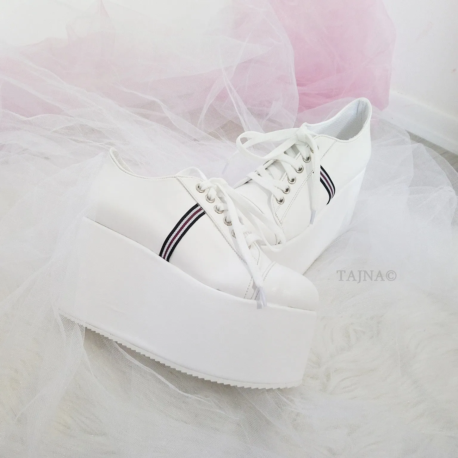 White Lace Up Sport Wedge Platform Shoes