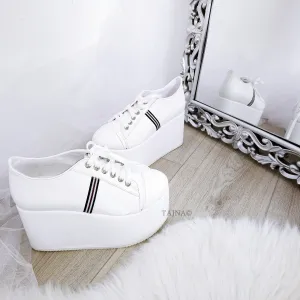 White Lace Up Sport Wedge Platform Shoes