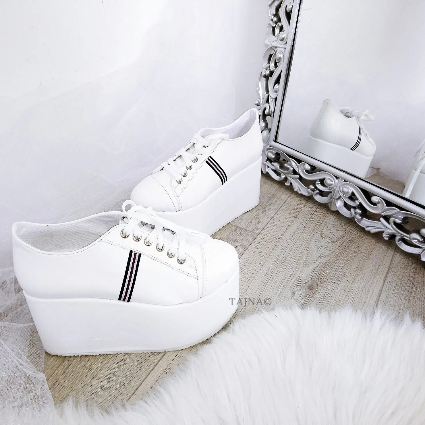 White Lace Up Sport Wedge Platform Shoes