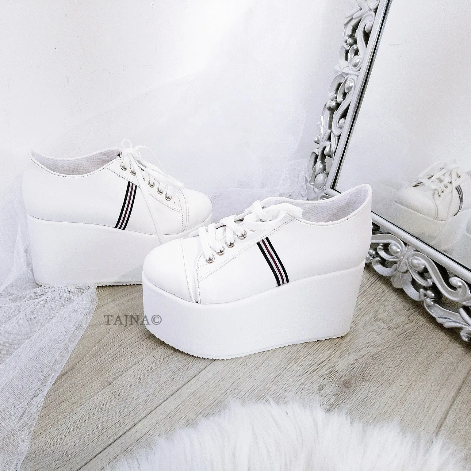 White Lace Up Sport Wedge Platform Shoes