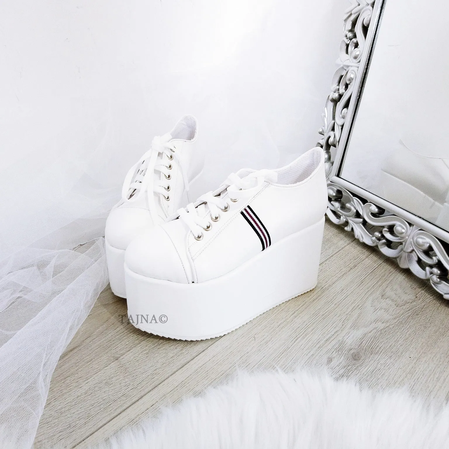 White Lace Up Sport Wedge Platform Shoes