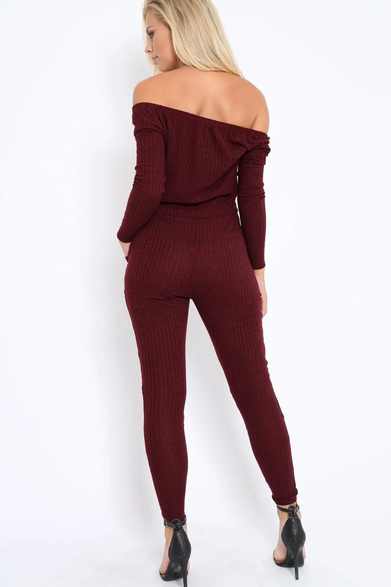 Wine Ribbed Rip Knee Jumpsuit - Chyna