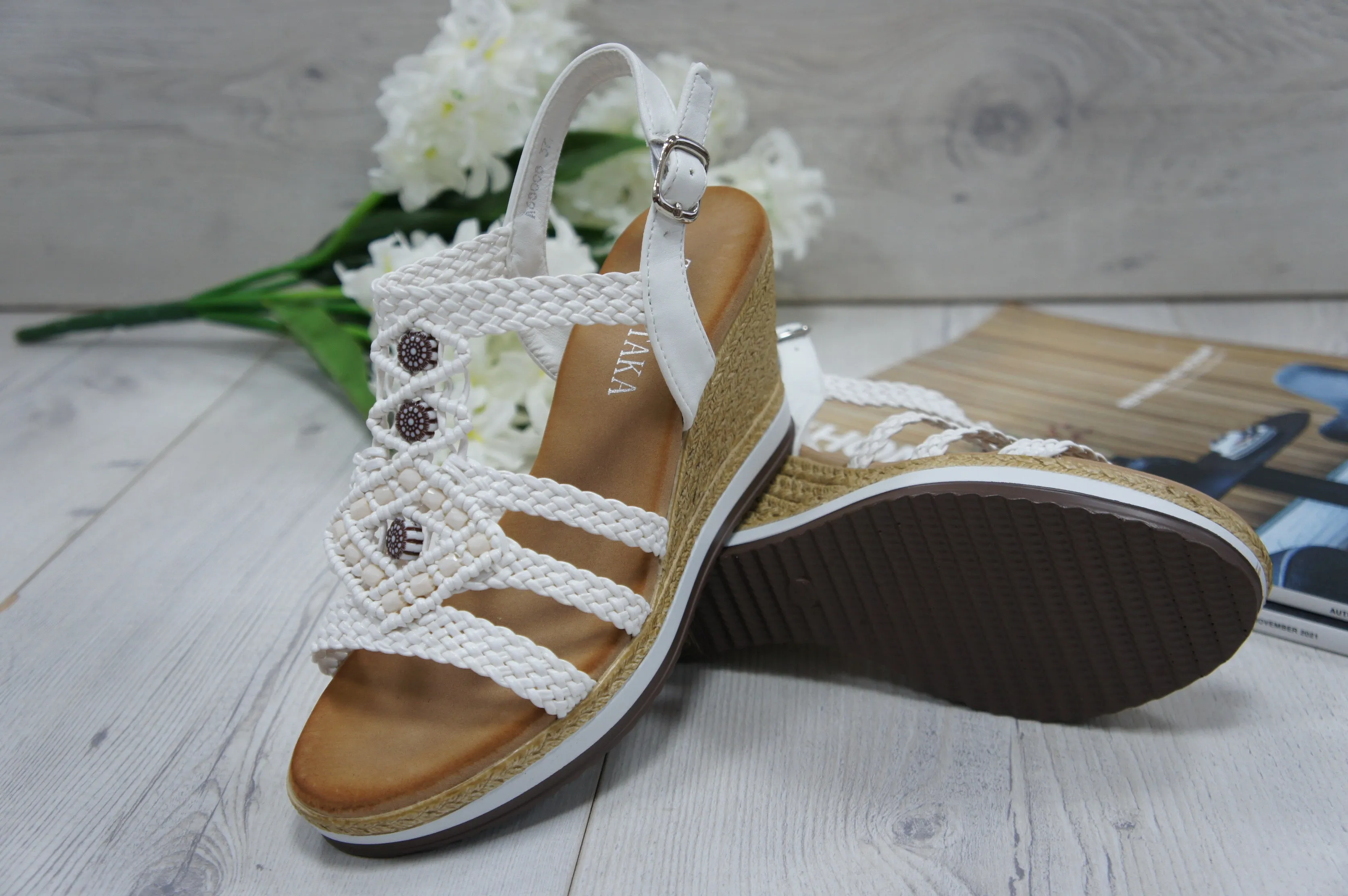 Women's Summer Braided Strappy Beaded Flowery Espadrille Wedge Heels Sandals A68008 WHITE