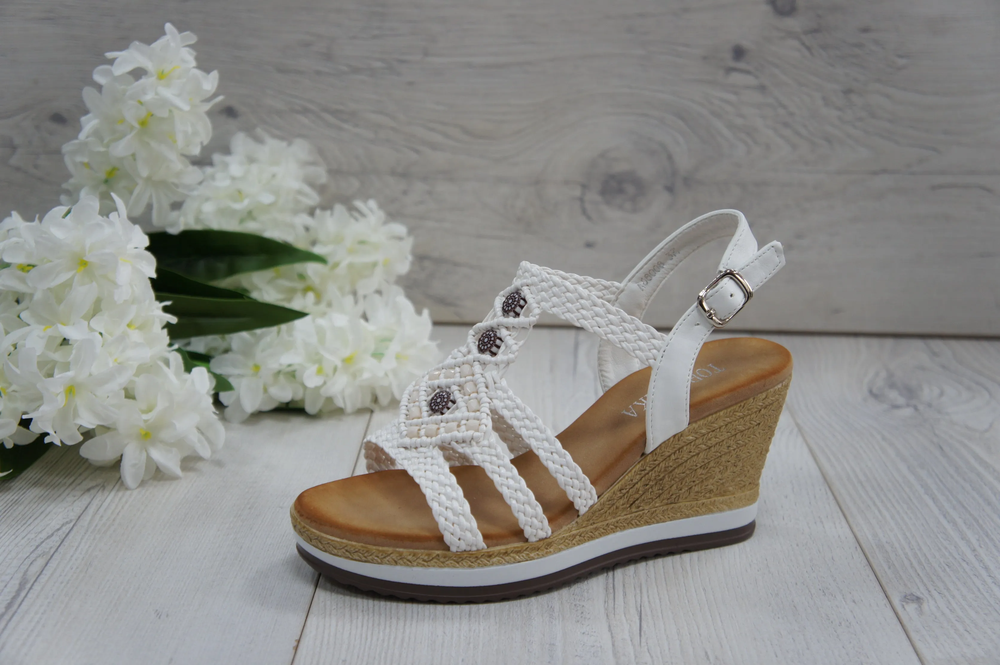 Women's Summer Braided Strappy Beaded Flowery Espadrille Wedge Heels Sandals A68008 WHITE