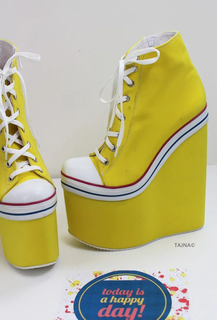 Yellow Lace Up High Heel Wedge Booties