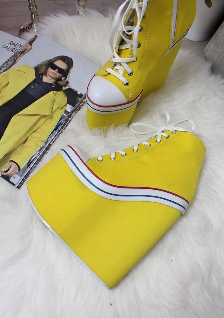 Yellow Lace Up High Heel Wedge Booties