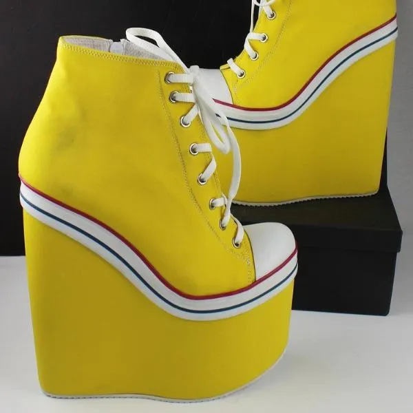 Yellow Lace Up High Heel Wedge Booties