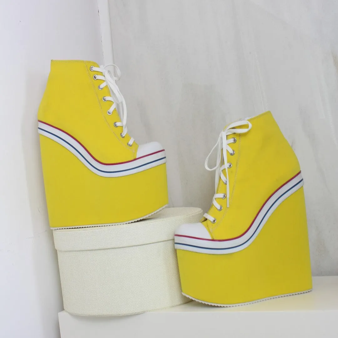 Yellow Lace Up High Heel Wedge Booties
