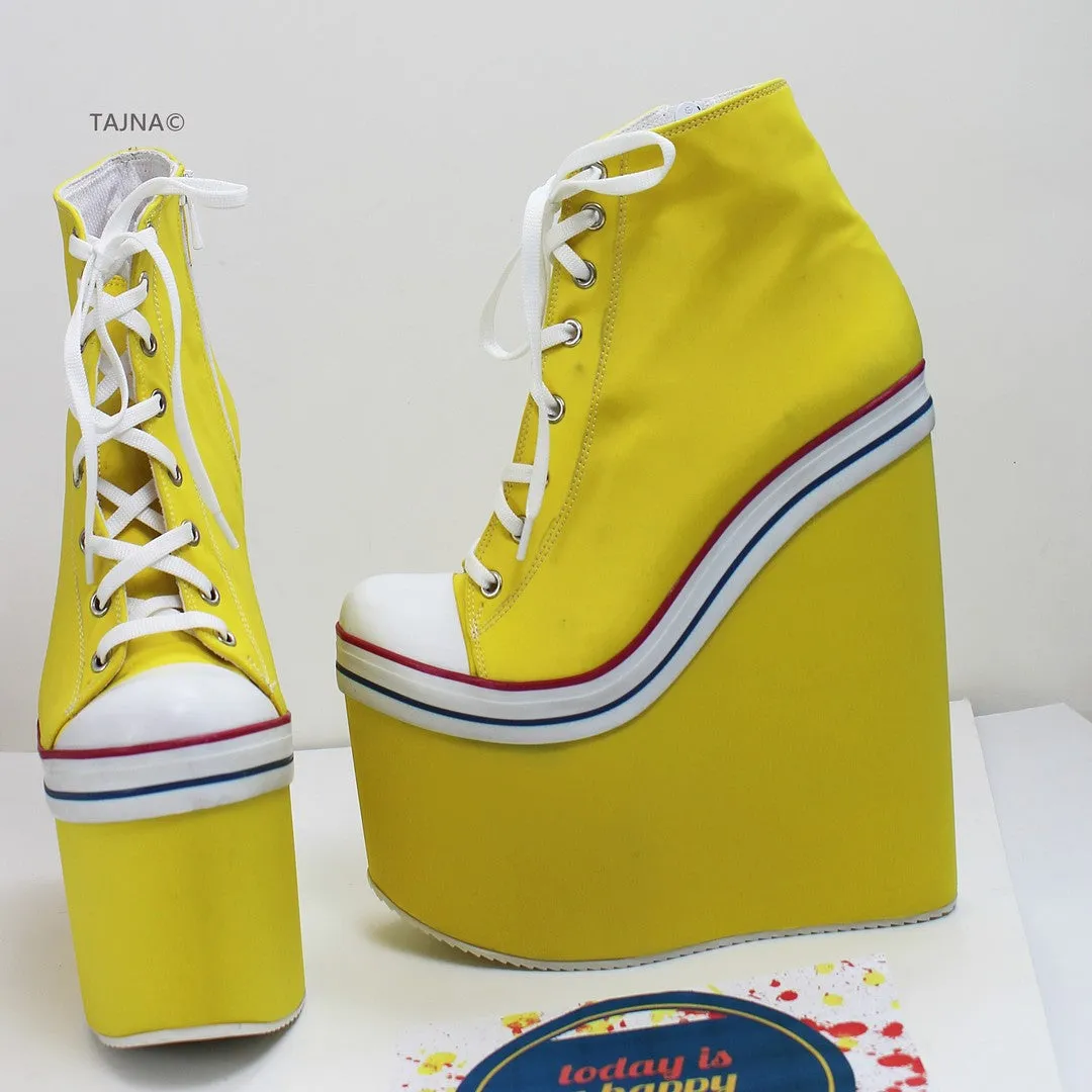 Yellow Lace Up High Heel Wedge Booties